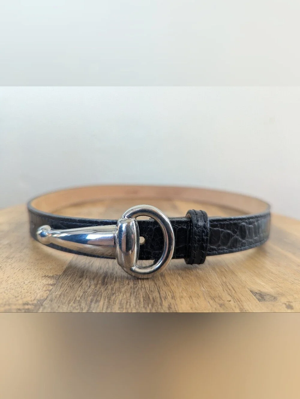 Streets Ahead Black Croc-Embossed Leather Belt with Silver Buckle (SIZE SMALL)